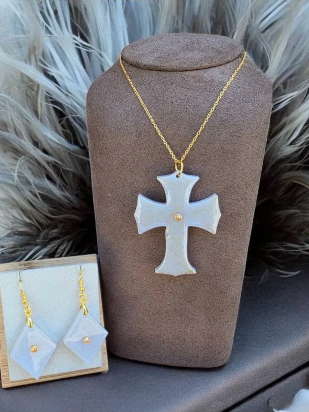 Iridescent Statement Cross Pendant Necklace and Earrings Set